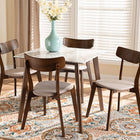 Baxton Studio Reba Mid-Century Modern Light Beige Fabric Upholstered and Walnut Brown Finished Wood 5-Piece Dining Set with Faux Marble Dining Table
