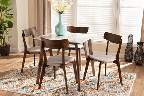 Baxton Studio Reba Mid-Century Modern Light Beige Fabric Upholstered and Walnut Brown Finished Wood 5-Piece Dining Set with Faux Marble Dining Table
