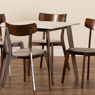Baxton Studio Reba Mid-Century Modern Light Beige Fabric Upholstered and Walnut Brown Finished Wood 5-Piece Dining Set with Faux Marble Dining Table