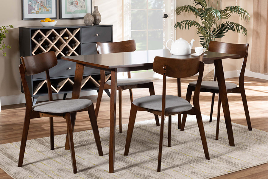 Baxton Studio Nori Mid-Century Modern Transitional Light Grey Fabric Upholstered and Walnut Brown Finished Wood 5-Piece Dining Set