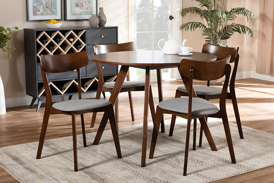 Baxton Studio Rika Mid-Century Modern Transitional Light Grey Fabric Upholstered and Walnut Brown Finished Wood 5-Piece Dining Set