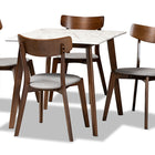 Baxton Studio Reba Mid-Century Modern Light Grey Fabric Upholstered and Walnut Brown Finished Wood 5-Piece Dining Set with Faux Marble Dining Table
