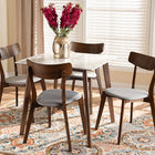 Baxton Studio Reba Mid-Century Modern Light Grey Fabric Upholstered and Walnut Brown Finished Wood 5-Piece Dining Set with Faux Marble Dining Table