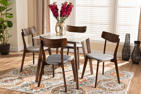 Baxton Studio Reba Mid-Century Modern Light Grey Fabric Upholstered and Walnut Brown Finished Wood 5-Piece Dining Set with Faux Marble Dining Table