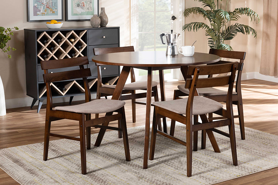 Baxton Studio Eiko Mid-Century Modern Transitional Light Beige Fabric Upholstered and Walnut Brown Finished Wood 5-Piece Dining Set