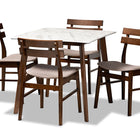 Baxton Studio Richmond Mid-Century Modern Light Beige Fabric Upholstered and Walnut Brown Finished Wood 5-Piece Dining Set with Faux Marble Dining Table