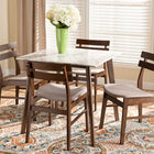Baxton Studio Richmond Mid-Century Modern Light Beige Fabric Upholstered and Walnut Brown Finished Wood 5-Piece Dining Set with Faux Marble Dining Table