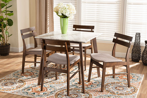 Baxton Studio Richmond Mid-Century Modern Light Beige Fabric Upholstered and Walnut Brown Finished Wood 5-Piece Dining Set with Faux Marble Dining Table