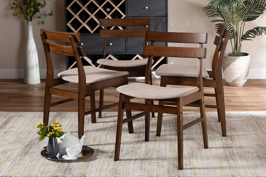 Baxton Studio Devlin Mid-Century Modern Transitional Light Beige Fabric Upholstered and Walnut Brown Finished Wood 4-Piece Dining Chair Set