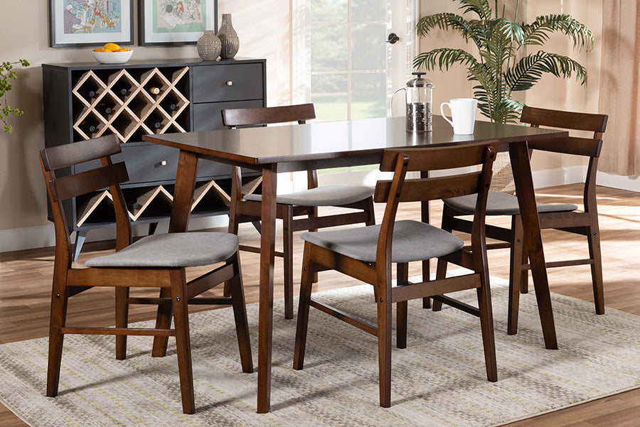 Baxton Studio Eleri Mid-Century Modern Transitional Light Grey Fabric Upholstered and Walnut Brown Finished Wood 5-Piece Dining Set