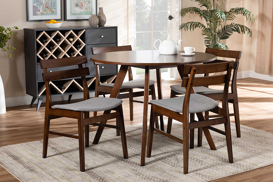 Baxton Studio Eiko Mid-Century Modern Transitional Light Grey Fabric Upholstered and Walnut Brown Finished Wood 5-Piece Dining Set