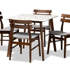 Baxton Studio Richmond Mid-Century Modern Light Grey Fabric Upholstered and Walnut Brown Finished Wood 5-Piece Dining Set with Faux Marble Dining Table