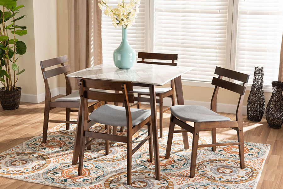 Baxton Studio Richmond Mid-Century Modern Light Grey Fabric Upholstered and Walnut Brown Finished Wood 5-Piece Dining Set with Faux Marble Dining Table