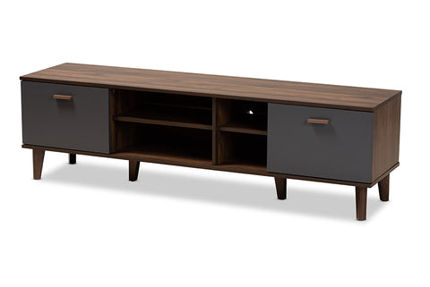 Baxton Studio Moina Mid-Century Modern Two-Tone Walnut Brown and Grey Finished Wood TV Stand