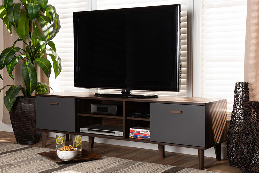 Baxton Studio Moina Mid-Century Modern Two-Tone Walnut Brown and Grey Finished Wood TV Stand