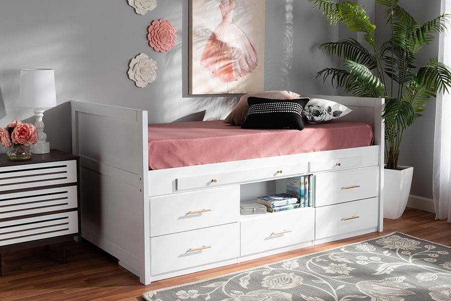Baxton Studio Mirza Modern and Contemporary White Finished Wood 5-Drawer Twin Size Storage Bed with Pull-Out Desk
