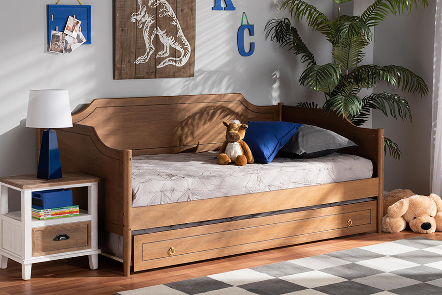 Baxton Studio Alya Classic Traditional Farmhouse Walnut Brown Finished Wood Twin Size Daybed with Roll-Out Trundle Bed
