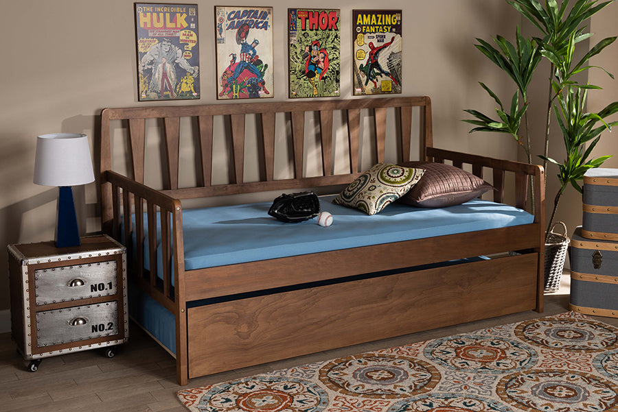 Baxton Studio Midori Modern and Contemporary Transitional Walnut Brown Finished Wood Twin Size Daybed with Roll-Out Trundle Bed