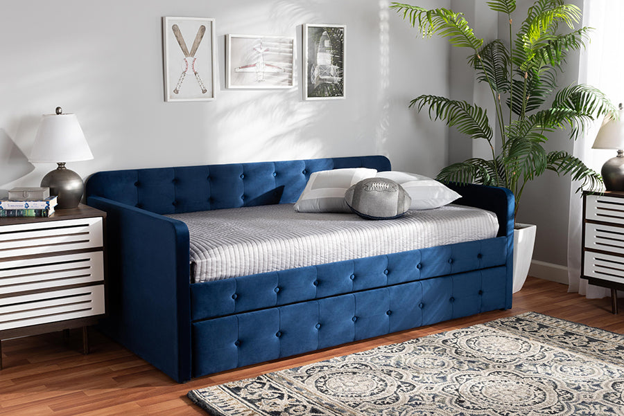 Baxton Studio Jona Modern and Contemporary Transitional Navy Blue Velvet Fabric Upholstered and Button Tufted Twin Size Daybed with Trundle