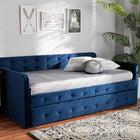 Baxton Studio Jona Modern and Contemporary Transitional Navy Blue Velvet Fabric Upholstered and Button Tufted Twin Size Daybed with Trundle