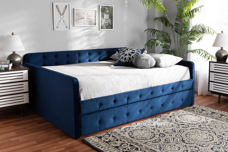 Baxton Studio Jona Modern and Contemporary Transitional Navy Blue Velvet Fabric Upholstered and Button Tufted Queen Size Daybed with Trundle