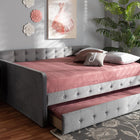 Baxton Studio Jona Modern and Contemporary Transitional Grey Velvet Fabric Upholstered and Button Tufted Full Size Daybed with Trundle
