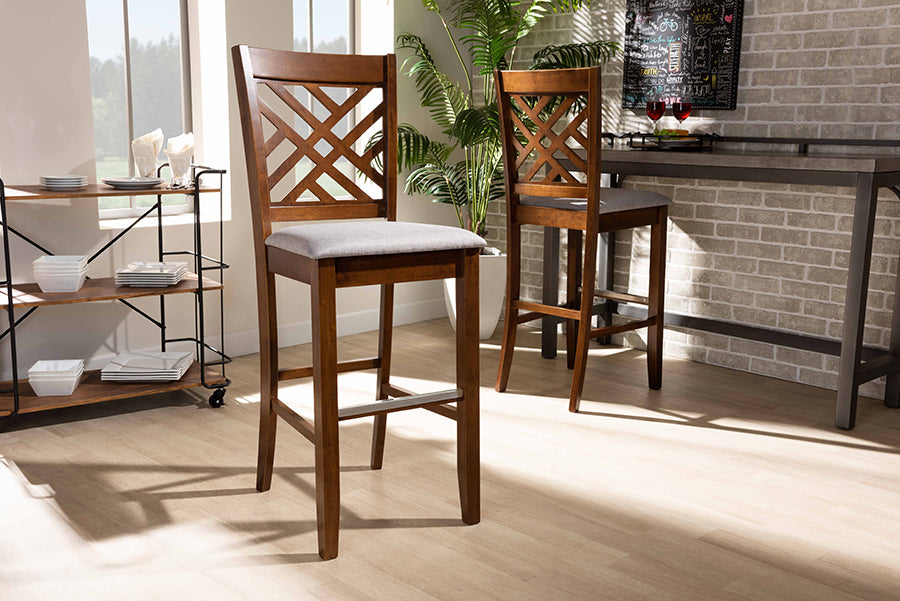 Baxton Studio Jason Modern and Contemporary Grey Fabric Upholstered and Walnut Brown Finished Wood 2-Piece Bar Stool Set