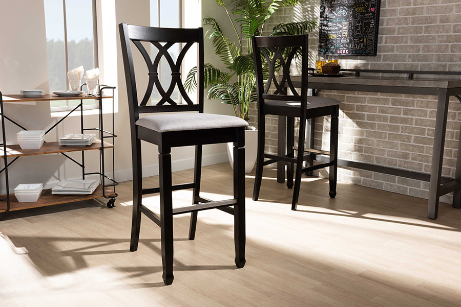 Baxton Studio Calista Modern and Contemporary Grey Fabric Upholstered and Espresso Brown Finished Wood 2-Piece Bar Stool Set