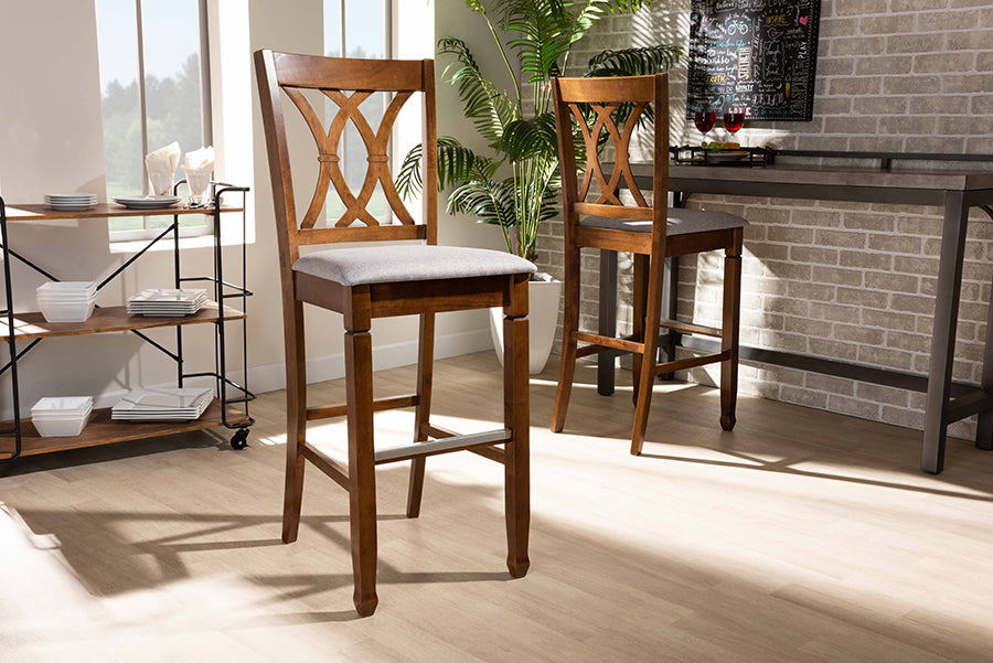 Baxton Studio Calista Modern and Contemporary Grey Fabric Upholstered and Walnut Brown Finished Wood 2-Piece Bar Stool Set