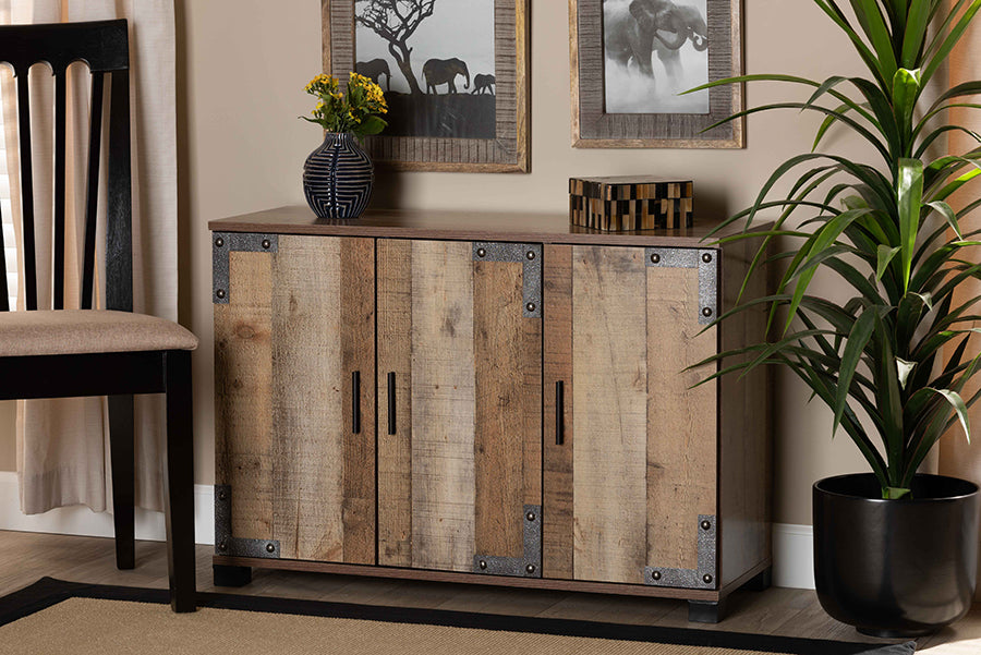 Baxton Studio Cyrille Modern and Contemporary Farmhouse Rustic Finished Wood 3-Door Shoe Cabinet