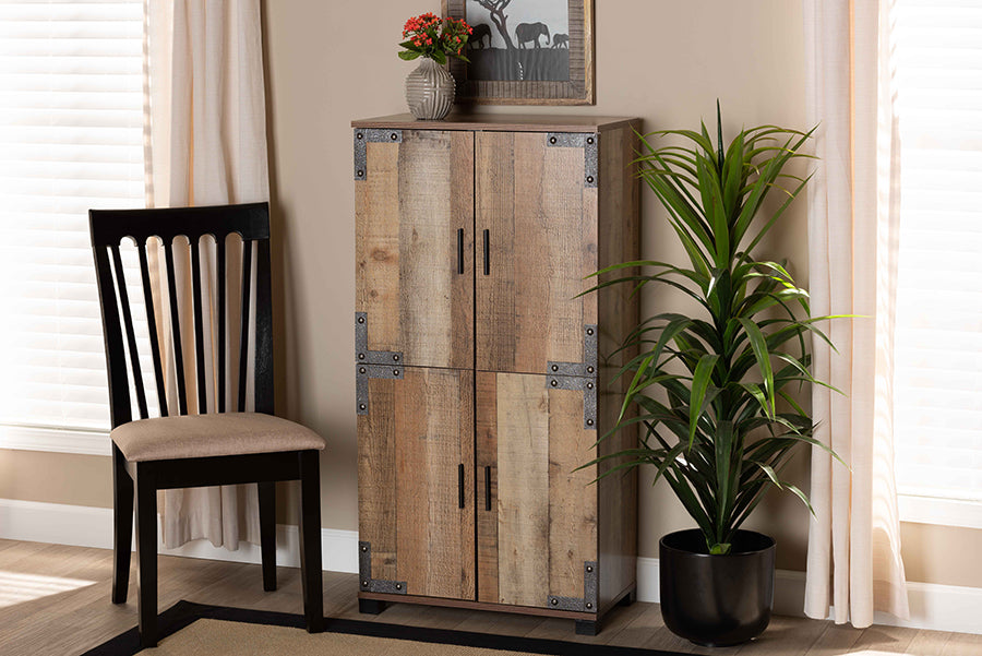 Baxton Studio Cyrille Modern and Contemporary Farmhouse Rustic Finished Wood 4-Door Shoe Cabinet