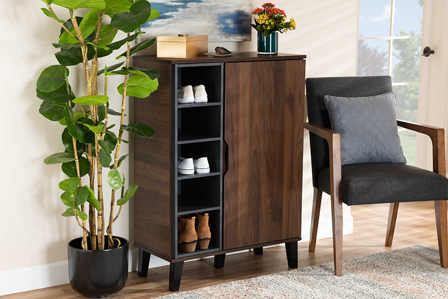 Baxton Studio Idina Mid-Century Modern Two-Tone Walnut Brown and Grey Finished Wood 1-Door Shoe Cabinet