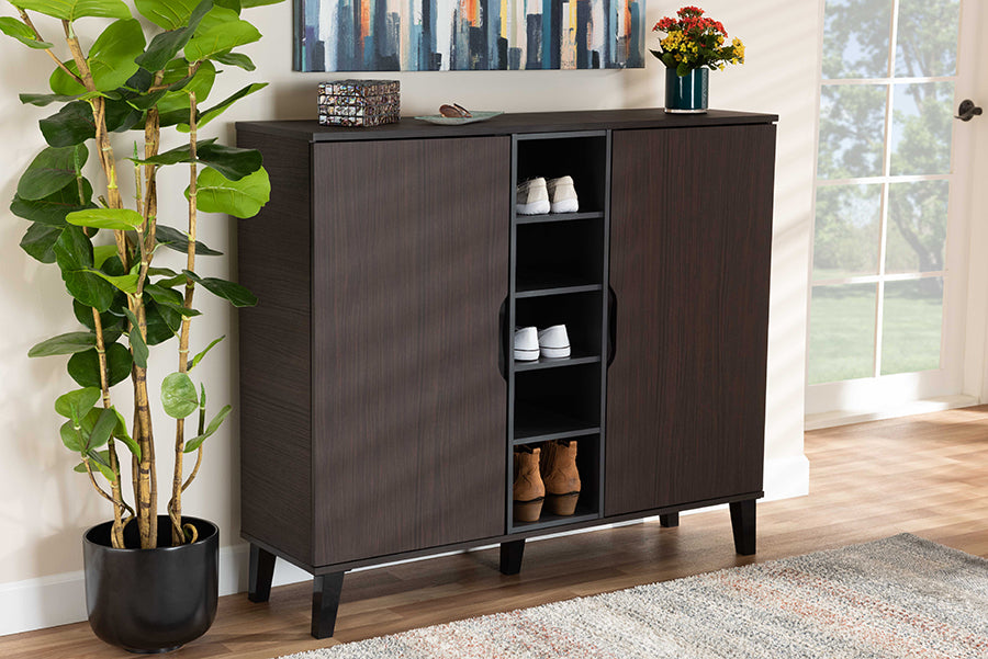Baxton Studio Idina Mid-Century Modern Two-Tone Dark Brown and Grey Finished Wood 2-Door Shoe Cabinet