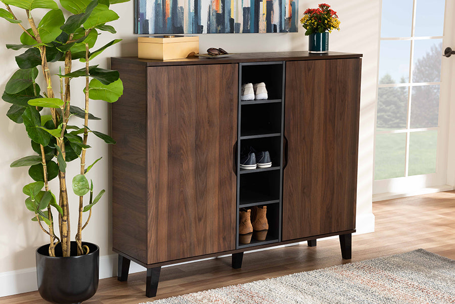 Baxton Studio Idina Mid-Century Modern Two-Tone Walnut Brown and Grey Finished Wood 2-Door Shoe Cabinet