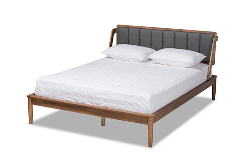 Baxton Studio Helsa Mid-Century Modern Dark Grey Fabric Upholstered and Walnut Finished Queen Size Platform Bed