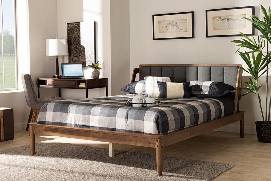 Baxton Studio Helsa Mid-Century Modern Dark Grey Fabric Upholstered and Walnut Finished Queen Size Platform Bed