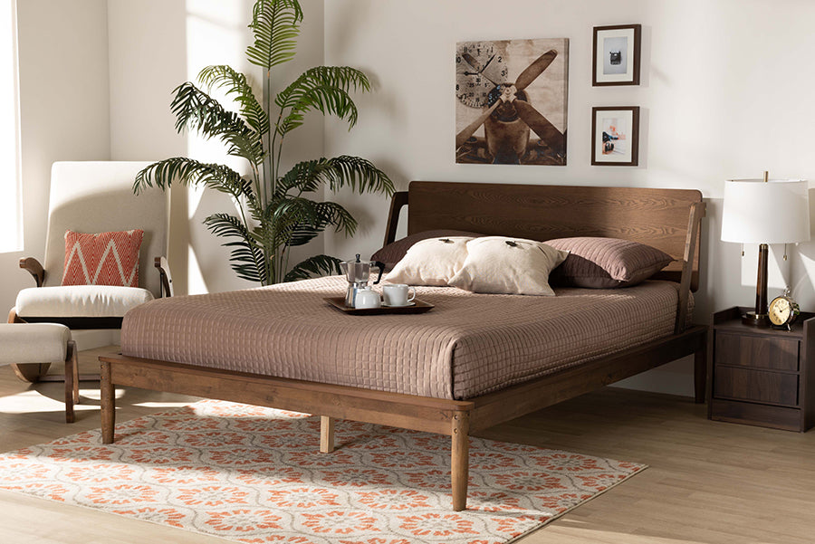 Baxton Studio Sadler Mid-Century Modern Ash Walnut Brown Finished Wood Queen Size Platform Bed