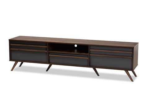 Baxton Studio Naoki Modern and Contemporary Two-Tone Grey and Walnut Finished Wood TV Stand with Drop-Down Compartments