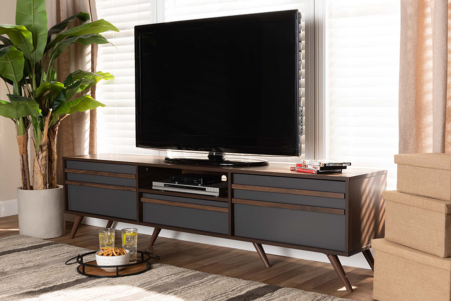 Baxton Studio Naoki Modern and Contemporary Two-Tone Grey and Walnut Finished Wood TV Stand with Drop-Down Compartments