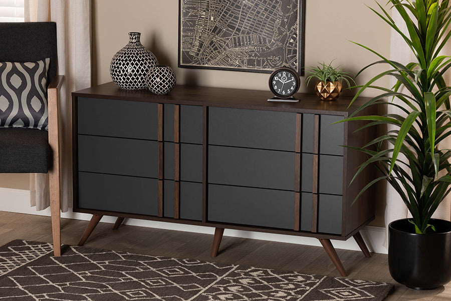 Baxton Studio Naoki Modern and Contemporary Two-Tone Grey and Walnut Finished Wood 6-Drawer Bedroom Dresser