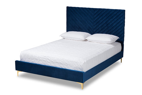 Baxton Studio Fabrico Contemporary Glam and Luxe Navy Blue Velvet Fabric Upholstered and Gold Metal Queen Size Platform Bed