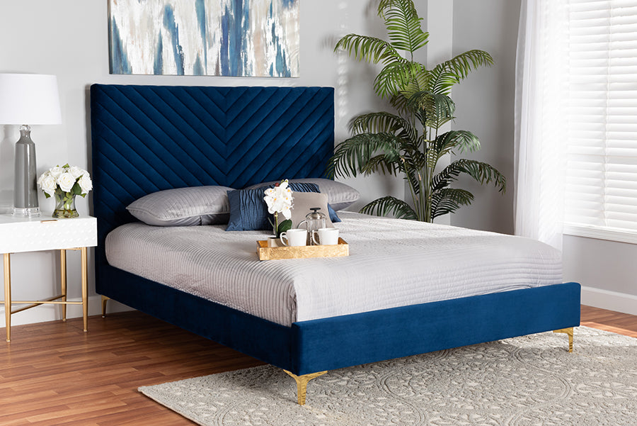Baxton Studio Fabrico Contemporary Glam and Luxe Navy Blue Velvet Fabric Upholstered and Gold Metal Queen Size Platform Bed