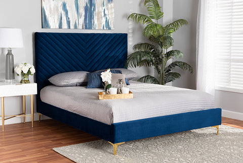 Baxton Studio Fabrico Contemporary Glam and Luxe Navy Blue Velvet Fabric Upholstered and Gold Metal Queen Size Platform Bed