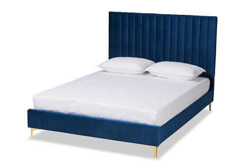Baxton Studio Serrano Contemporary Glam and Luxe Navy Blue Velvet Fabric Upholstered and Gold Metal King Size Platform Bed