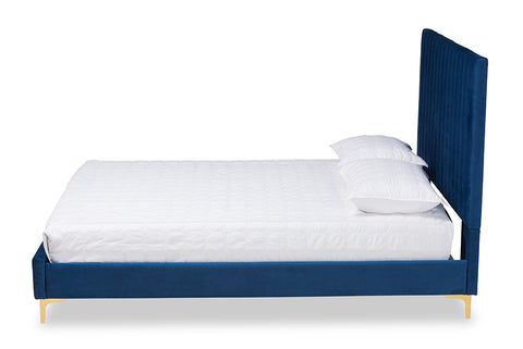 Baxton Studio Serrano Contemporary Glam and Luxe Navy Blue Velvet Fabric Upholstered and Gold Metal King Size Platform Bed