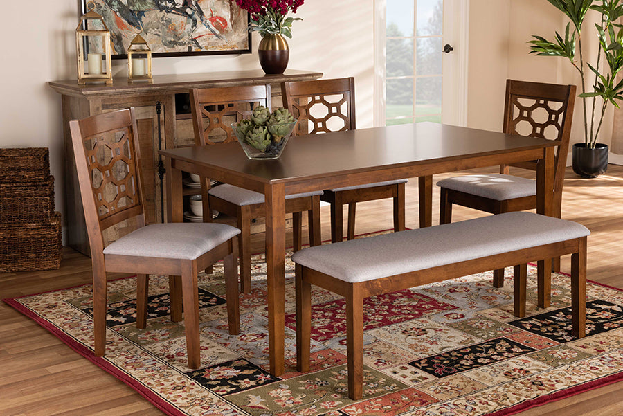 Baxton Studio Gabriel Modern and Contemporary Grey Fabric Upholstered and Walnut Brown Finished Wood 6-Piece Dining Set