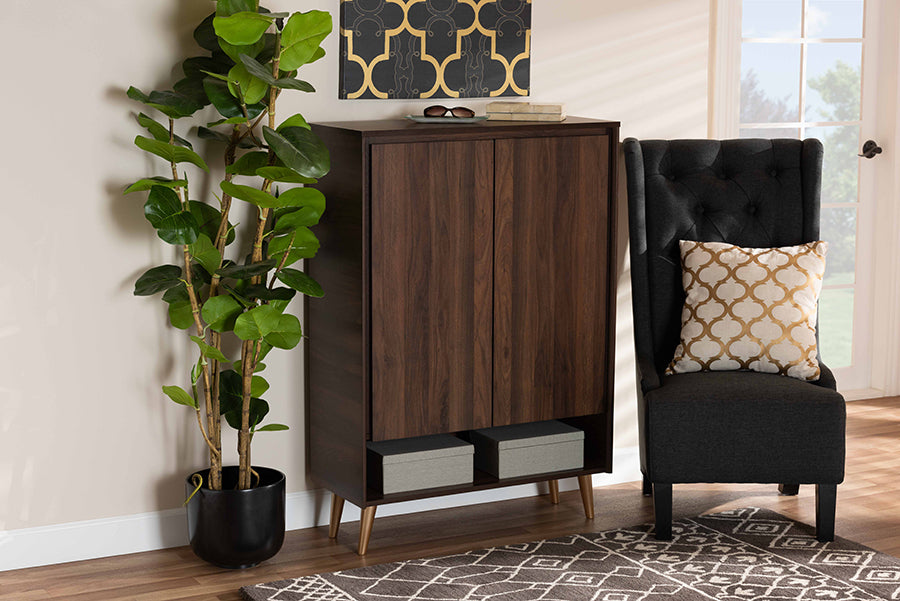 Baxton Studio Landen Mid-Century Modern Walnut Brown and Gold Finished Wood 2-Door Entryway Shoe storage Cabinet