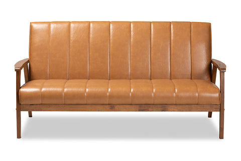 Baxton Studio Nikko Mid-century Modern Tan Faux Leather Upholstered and Walnut Brown finished Wood Sofa