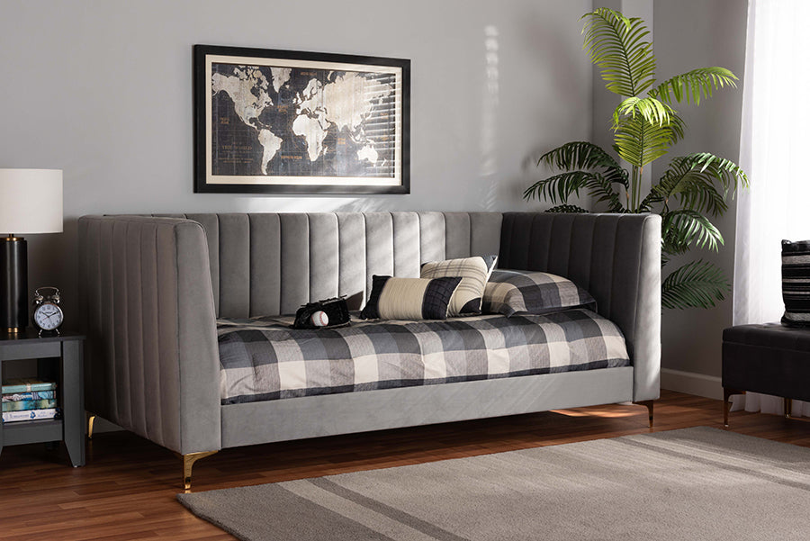 Baxton Studio Oksana Modern Contemporary Glam and Luxe Light Grey Velvet Fabric Upholstered and Gold Finished Twin Size Daybed