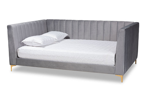 Baxton Studio Oksana Modern Contemporary Glam and Luxe Light Grey Velvet Fabric Upholstered and Gold Finished Full Size Daybed